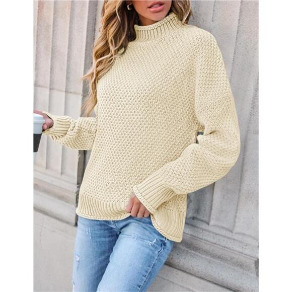 Women's Turtleneck Batwing Sleeve Oversized Chunky Knit Pullover Sweater - Picture 4 of 7
